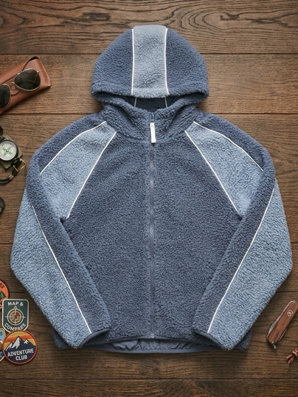 Mertra Sherpa Fleece Hoodie Jacket Mens M Blue Contrast Piping Streetwear